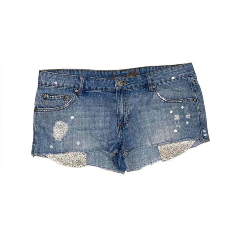 Y2k low rise denim distressed micro mini shorts with floral pockets